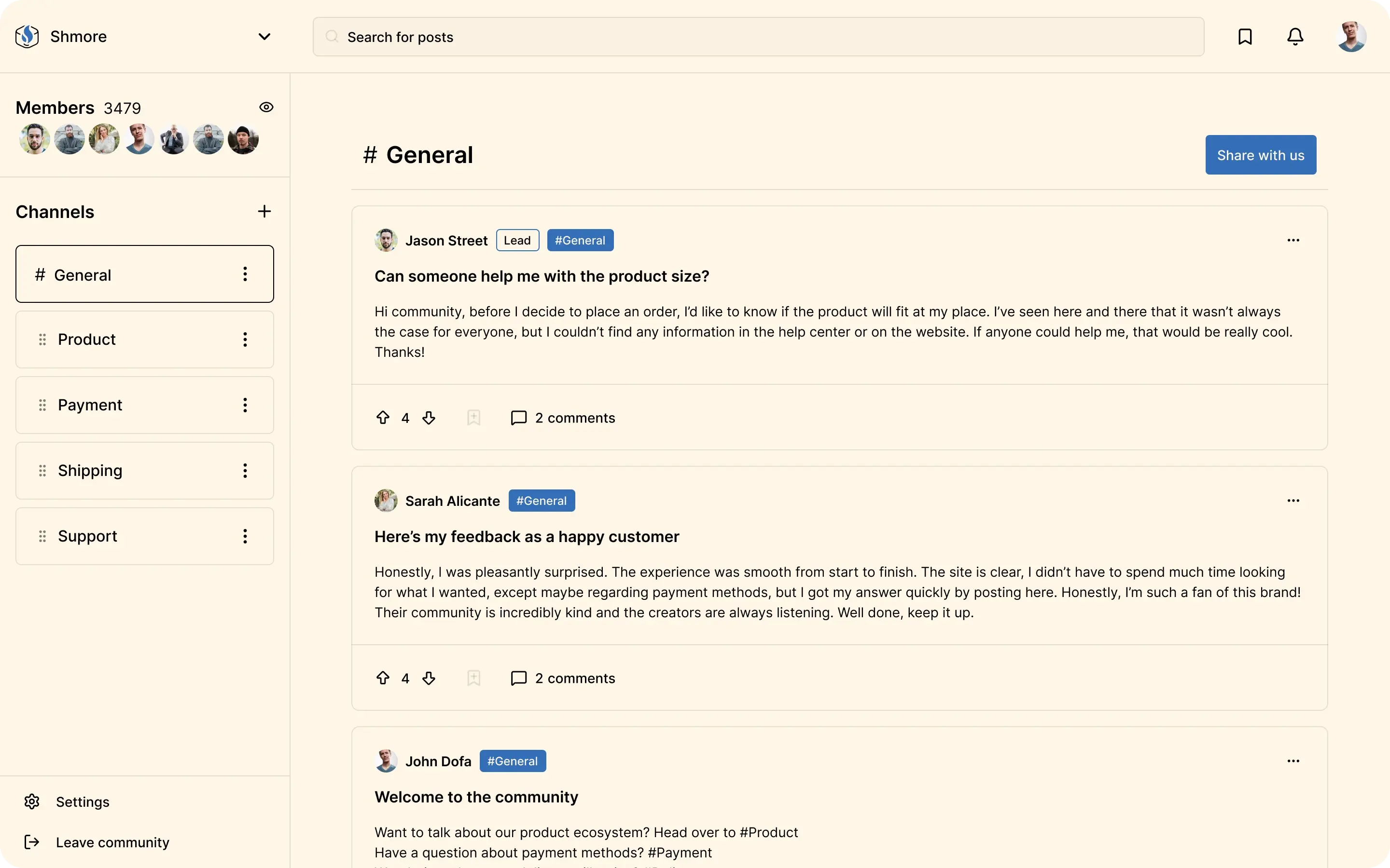 Shmore interface - beige and blue theme