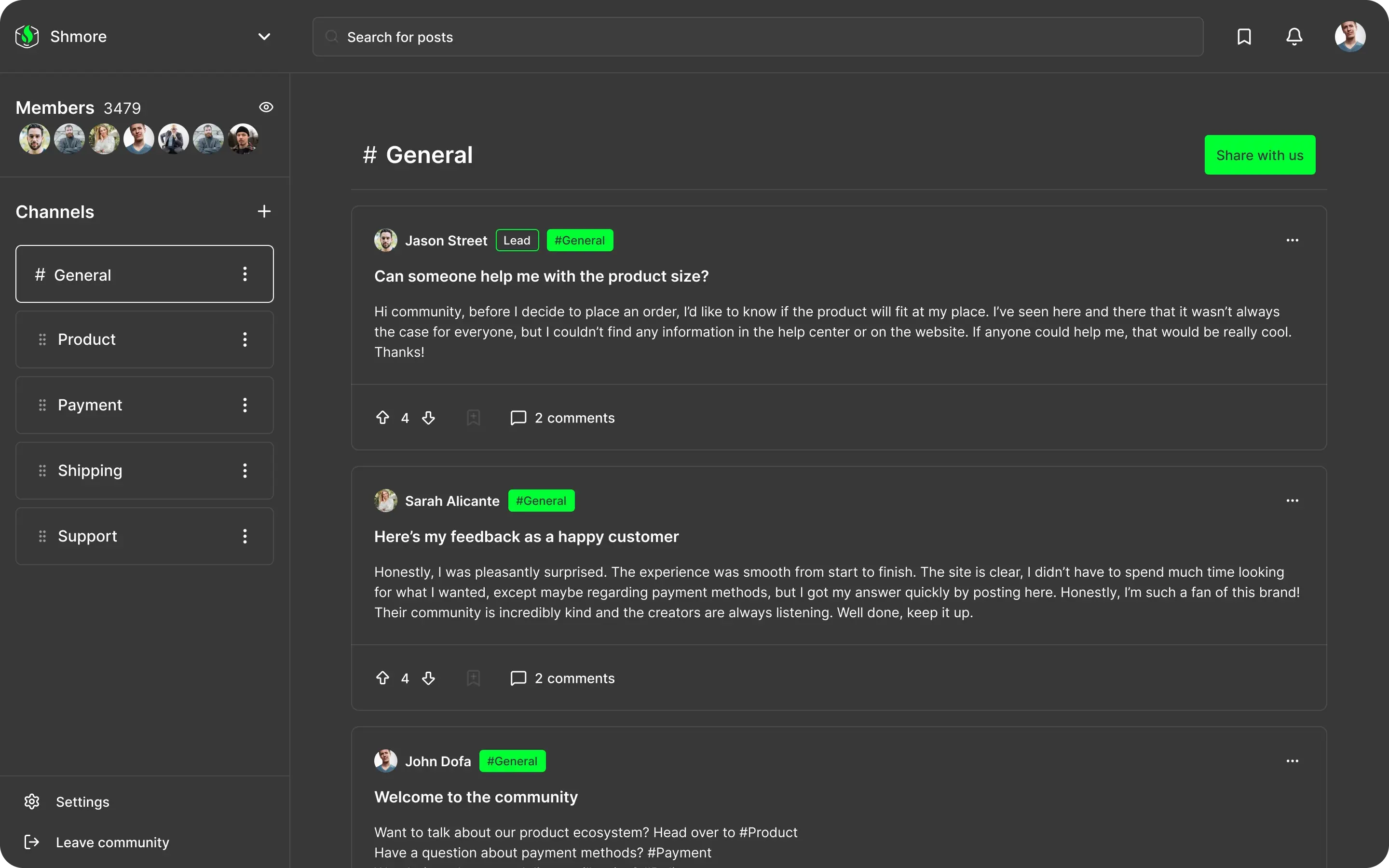 Shmore interface - grey and green theme