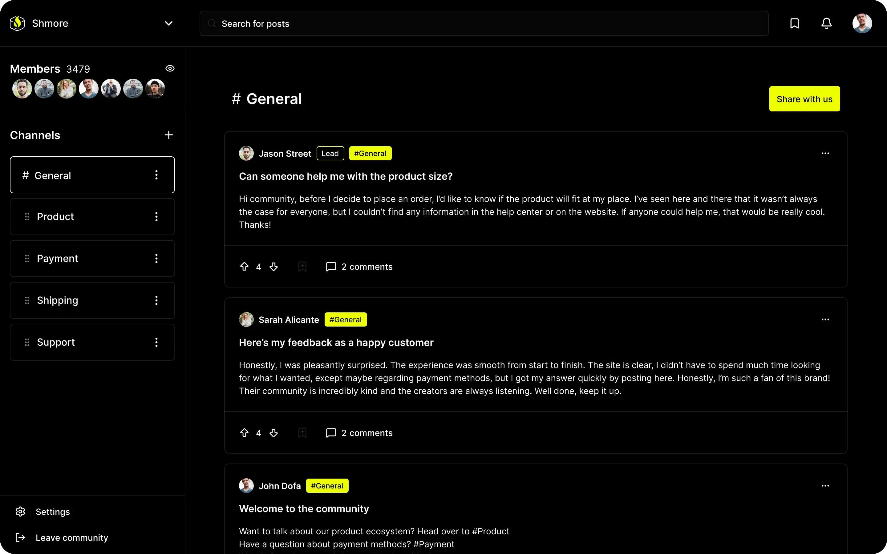 Shmore interface - black and yellow theme