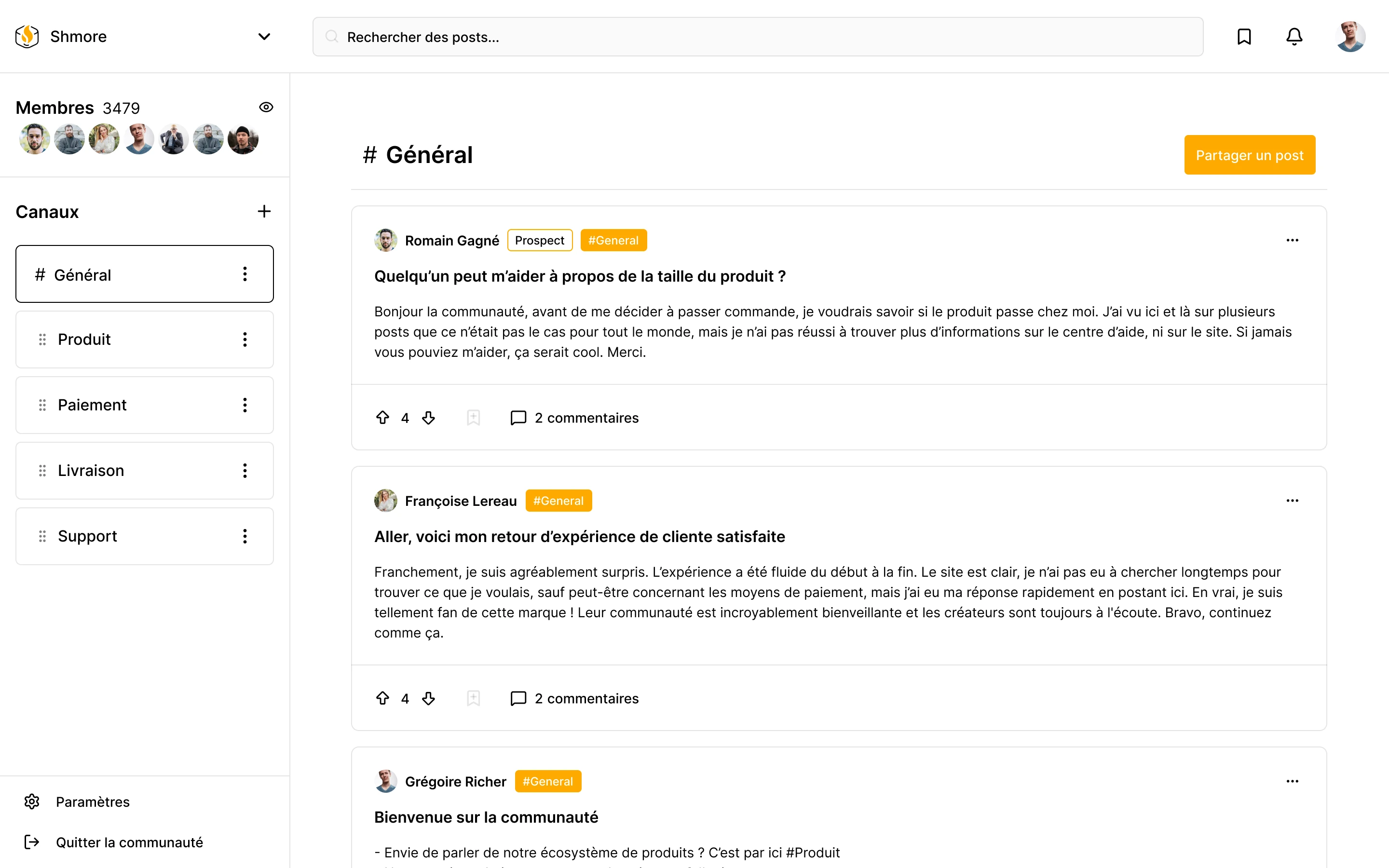 Interface Shmore - thème blanc et orange