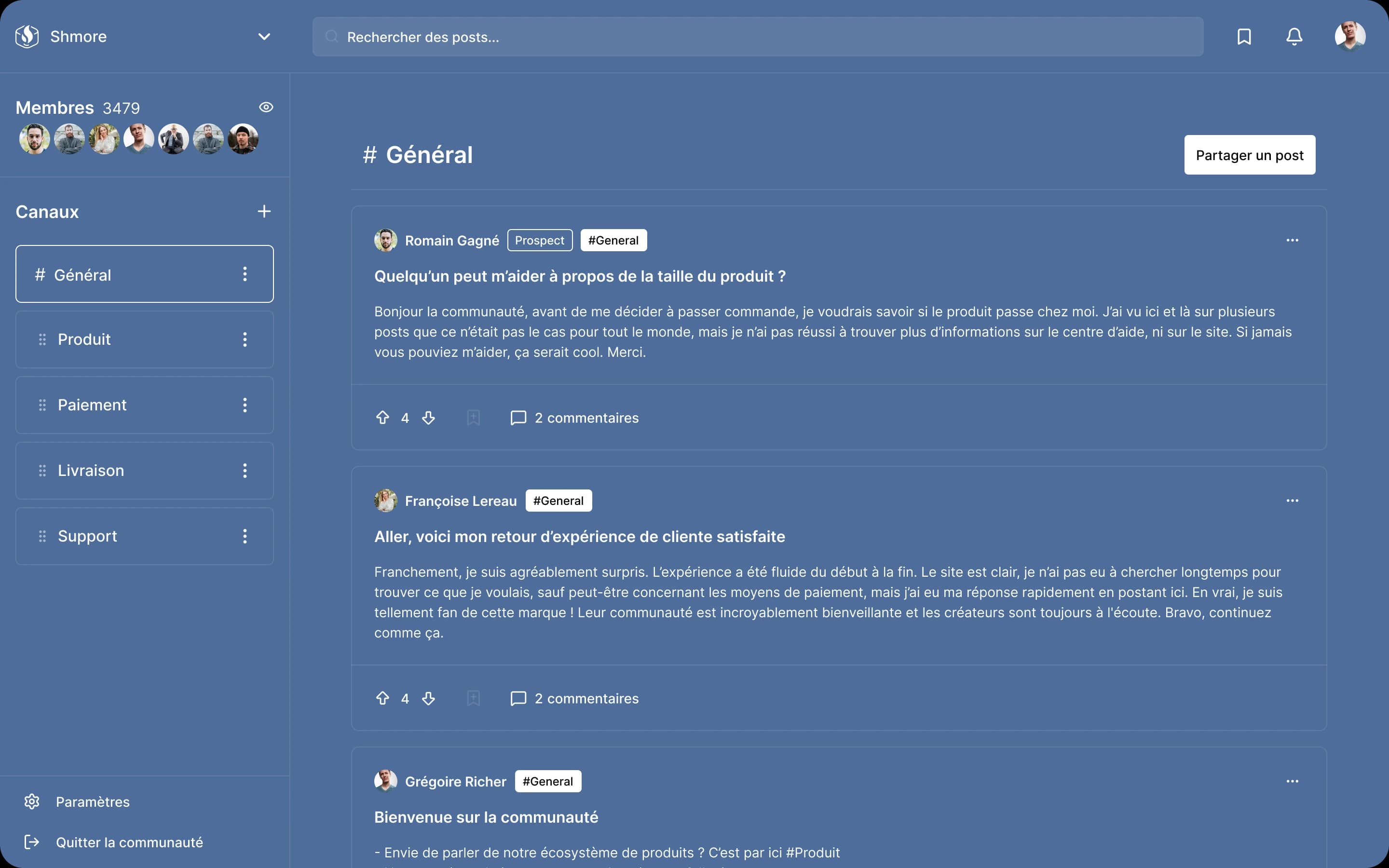 Interface Shmore - thème bleu et blanc