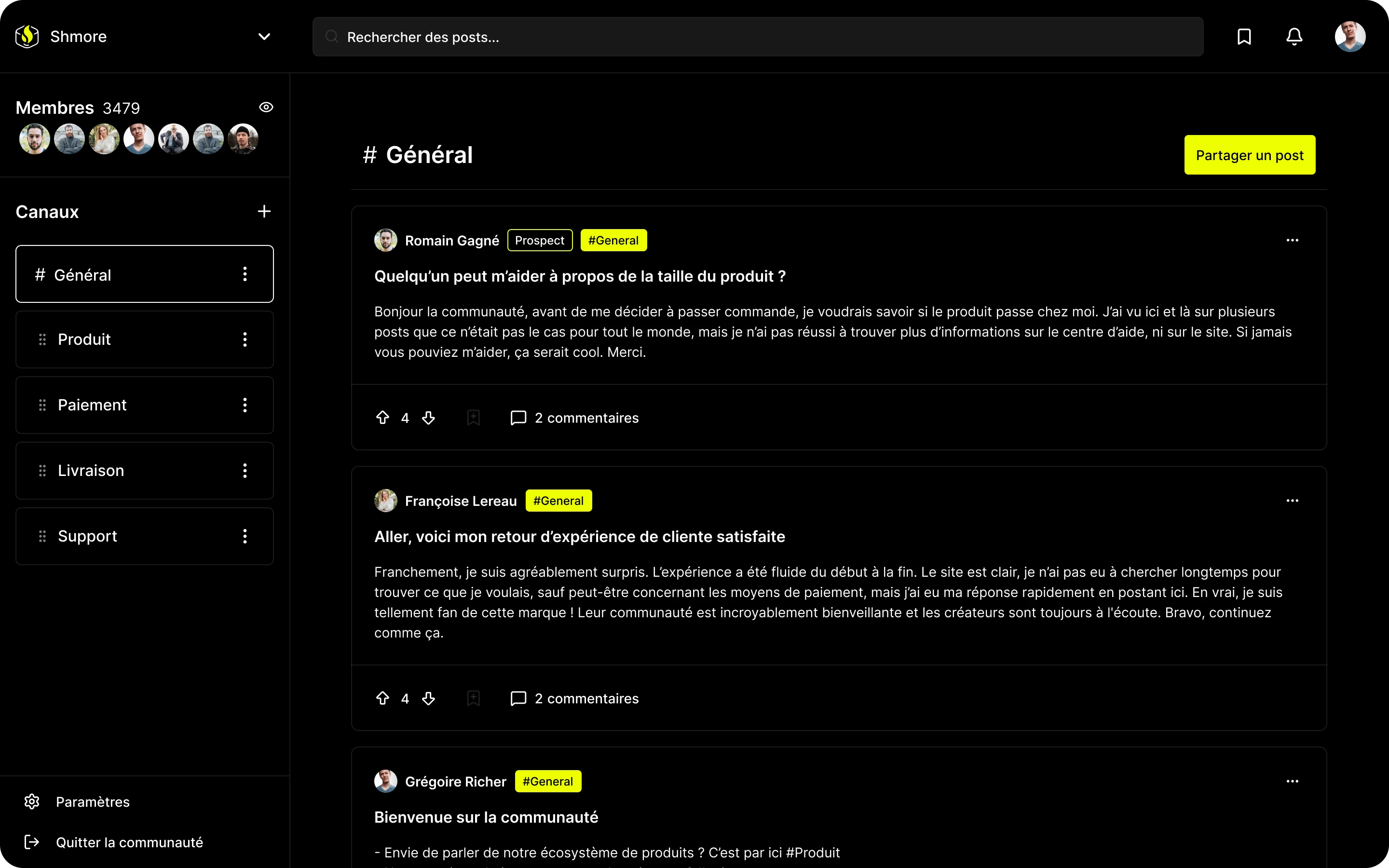 Interface Shmore - thème noir et jaune