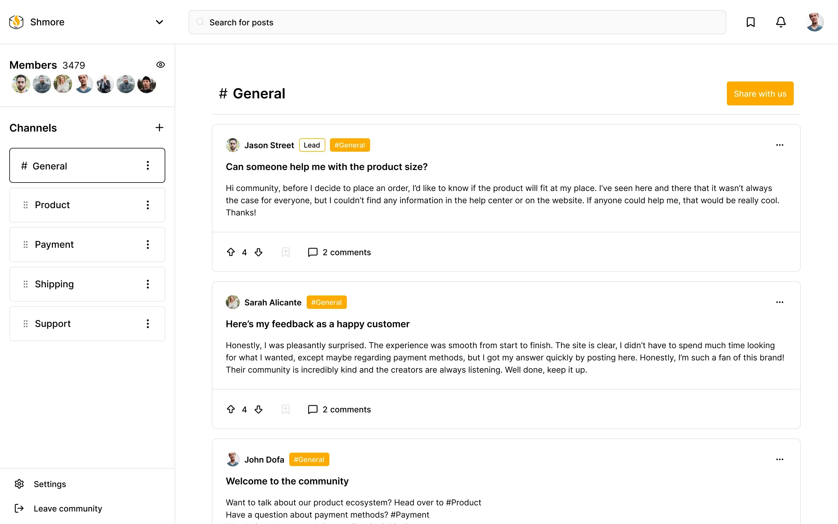 Shmore interface - white and orange theme